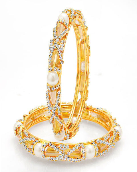 Designer Gold Plated Pearl Crystal AD Bangle For Women
