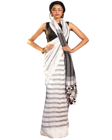 White & Black Pure Cotton Saree