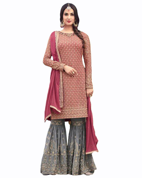 Pink And Greycolor Georgette Suit