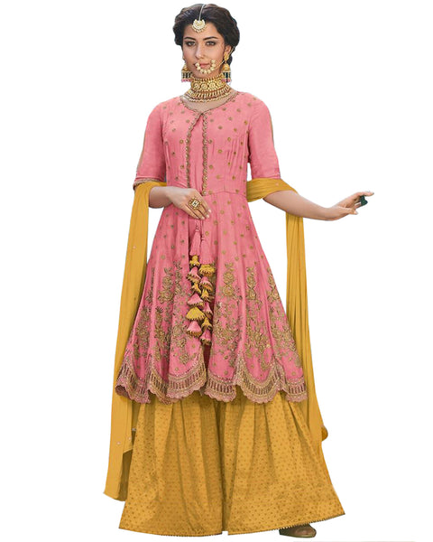 Pink And Yellow Embroidered Palazzo Suit Design