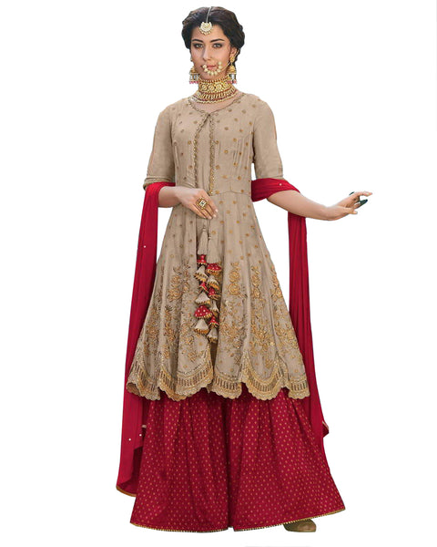 Grey And Maroon Embroidered Palazzo Suit Design