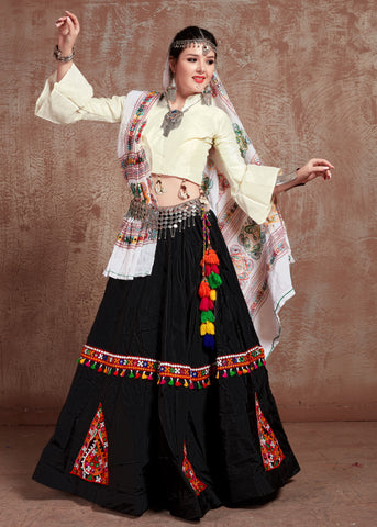Navaratri Special White and Black Taffeta Silk Lehenga Choli