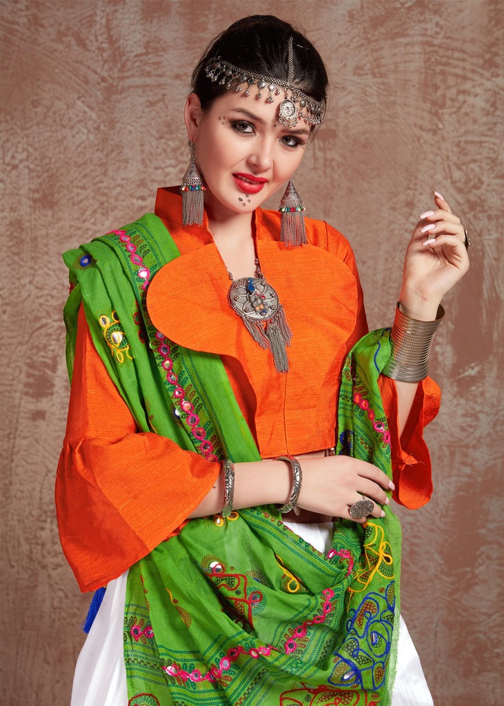 Gorgeous White and Orange Coloured Jaquard Silk Embroidered Lehenga Ch –  ajmera-retail
