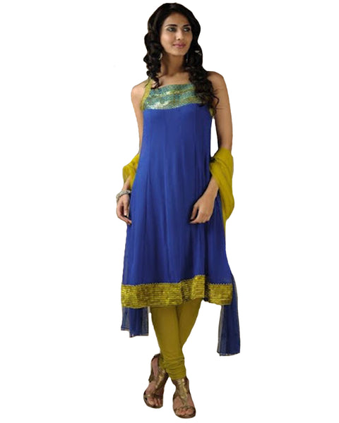 Stylish Blue And Ocher Yellow Strapy Georgette  Anarkali Suit