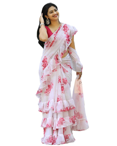White Colour With Ruffle Printed Georgette Saree
