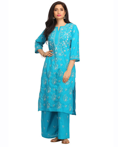 Blue Color Chikankari Cotton Palazzo Suit