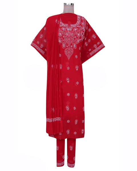 Red Color Chikankari Faux Georgette Suit