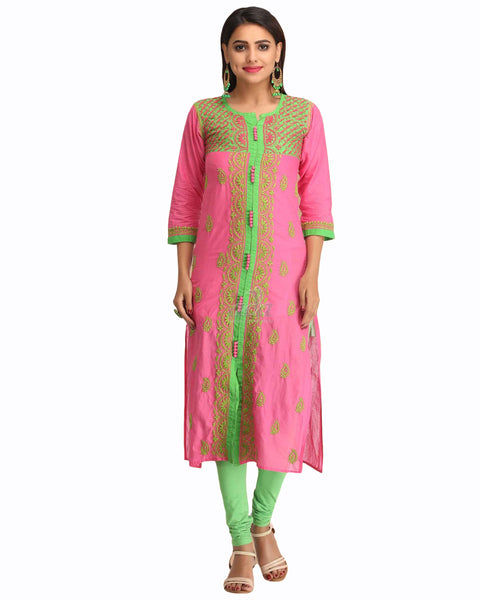 Pink-Parrot Green Chikankari cotton kurti