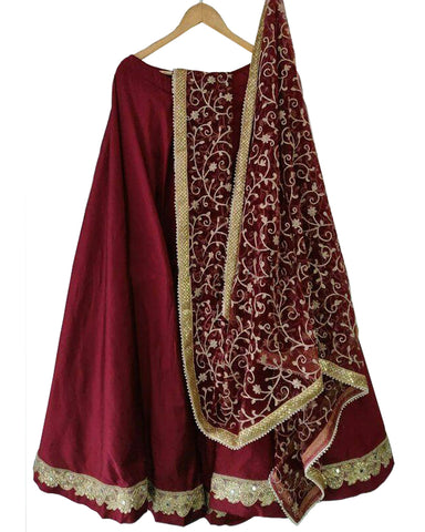 Fantastic Maroon Colored Partywear Embroidered Silk Lehenga Choli