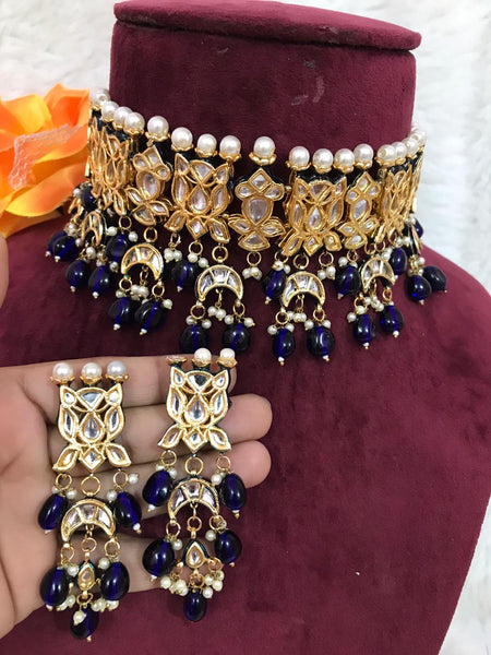 Party Wear Royal Blue Jadau Kundan Necklace with Earrings