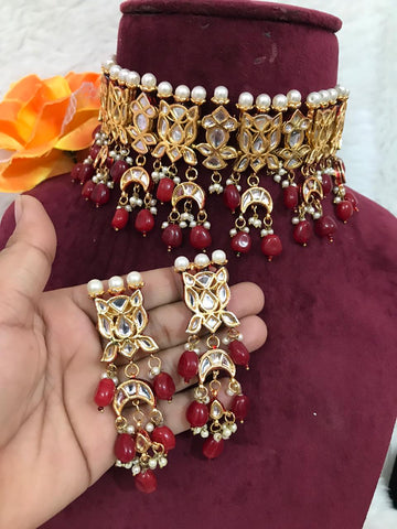 Party Wear Maroon Jadau Kundan Necklace with Earrings