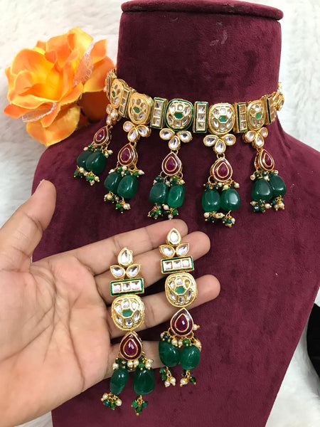 Party Wear Green & Red Jadau Kundan Necklace with Earrings