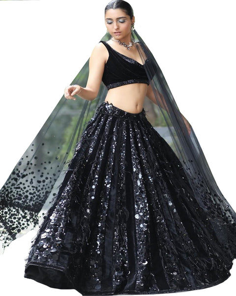 Black Color Designer Velvet And Net Lehenga