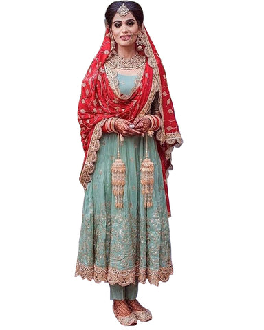 Sky And Red Colored Partywear Embroidered Abaya Style Net Birdal Anarkali Suit