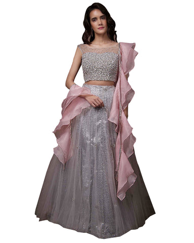 Grey And Pink Color Wedding Lehenga