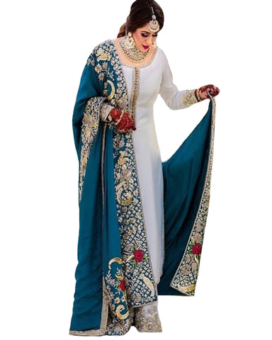 Off-White And Rama Blue Color Hand Work Palazzo Suit