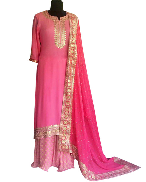 Pink And Light Pink Color Hand Work Palazzo Suits