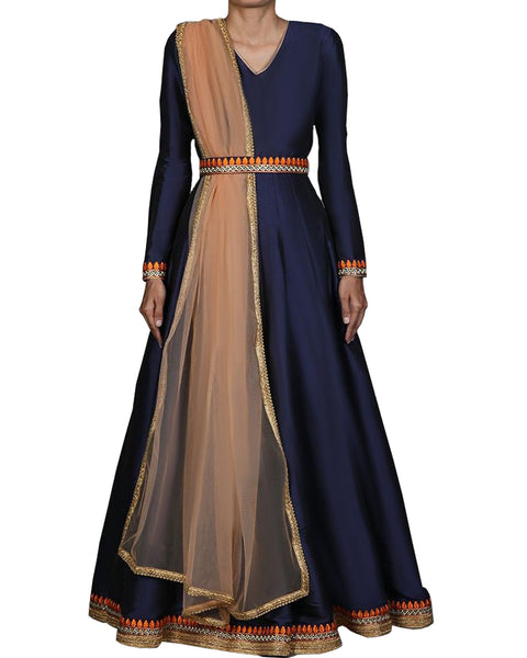Navy Colored Partywear Embroidered Silk Abaya Style Anarkali Suit