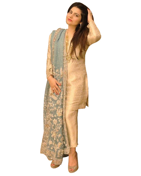Designer Cream And Grey Color Borcade Pakistani Suit