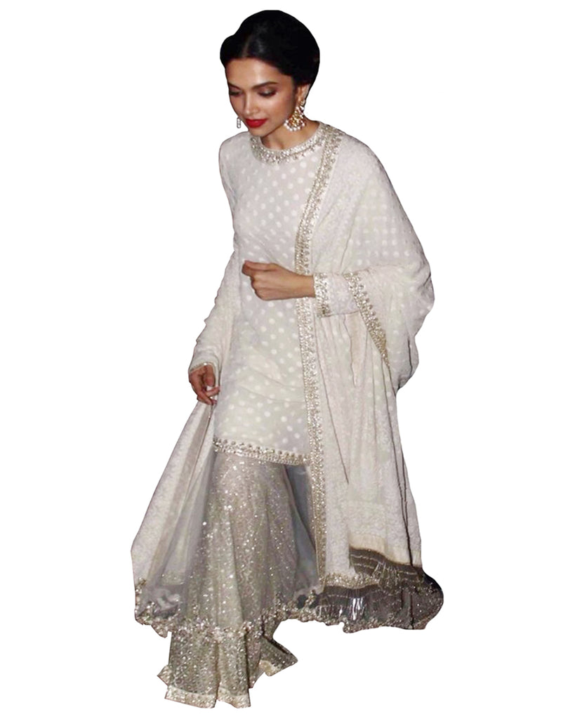 Charming Deepika Padukone White Georgette Sharara Style Suit Sulbha Fashions Charming Deepika Padukone White Georgette Sharara Style Suit Sulbha Fashions