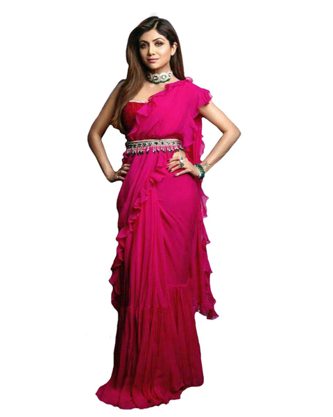 Shilpa Shetty Style Pink Colour Beautiful Party Wear Ruffle Saree
