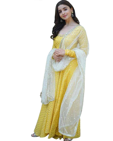 Bollywood Yellow And White Color Alia Bhatt Long Suit