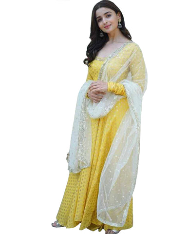 Bollywood Yellow And White Color Alia Bhatt Long Suit