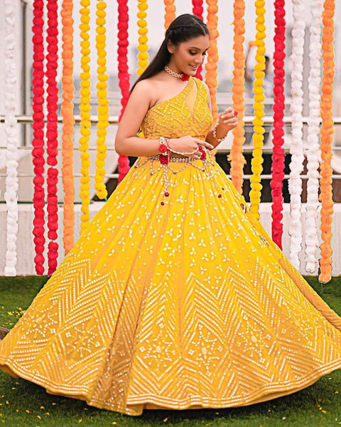 Beautiful Yellow Color Navratri Special Faux Georgette Designer Lehenga Choli