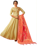 Cream & Peach Silk Banarasi Dupatta Gown Style Anarkali Dress