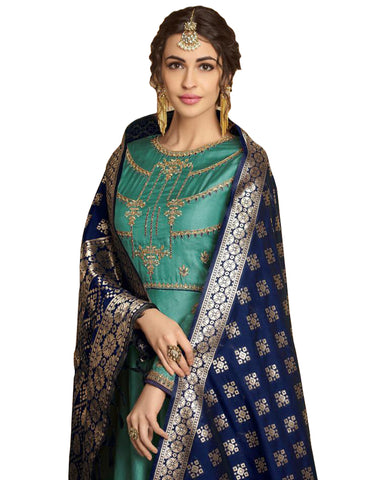 Sky Blue Tussar Silk Party Wear Anarkali Banarasi Dupatta Gown