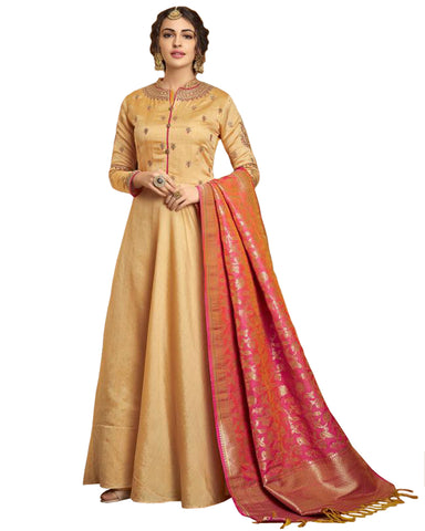 Gold Tussar Silk Party Wear Anarkali Banarasi Dupatta Gown