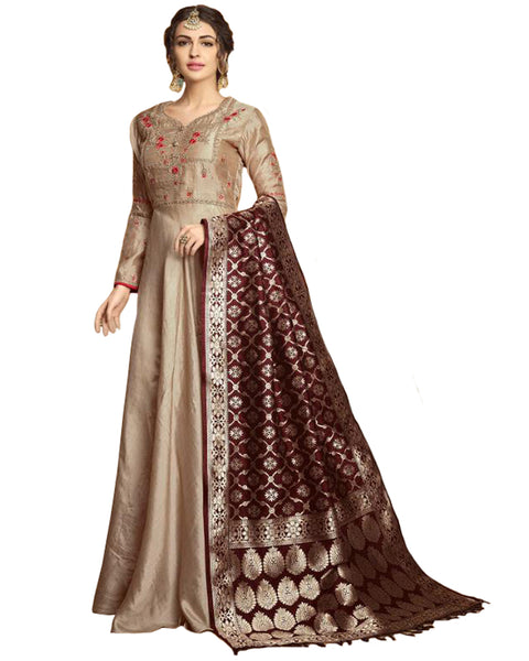 Choco Tussar Silk Party Wear Anarkali Banarasi Dupatta Gown