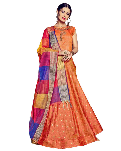 Orange Chanderi Jacquard Party Wear Gown Style Anarkali Multi Color Dupatta Dress