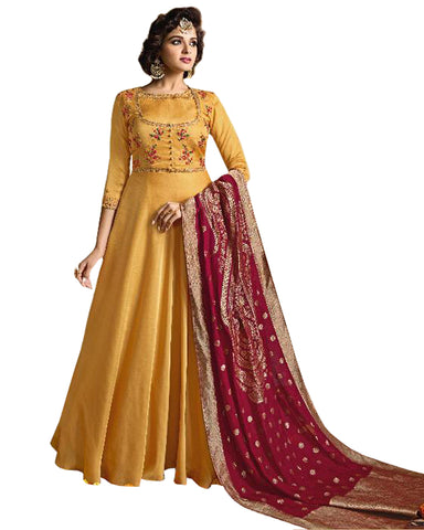 Yellow Designer Festive Silk Dupatta Anarkali Style Gown