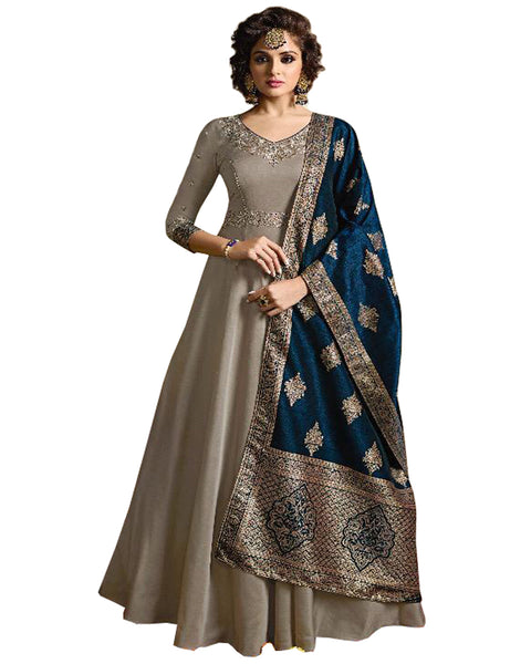 Grey Designer Festive Silk Dupatta Anarkali Style Gown