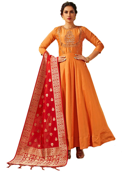 Yellow & Red Viscose Silk Banarasi Dupatta Gown Style Anarkali Dress