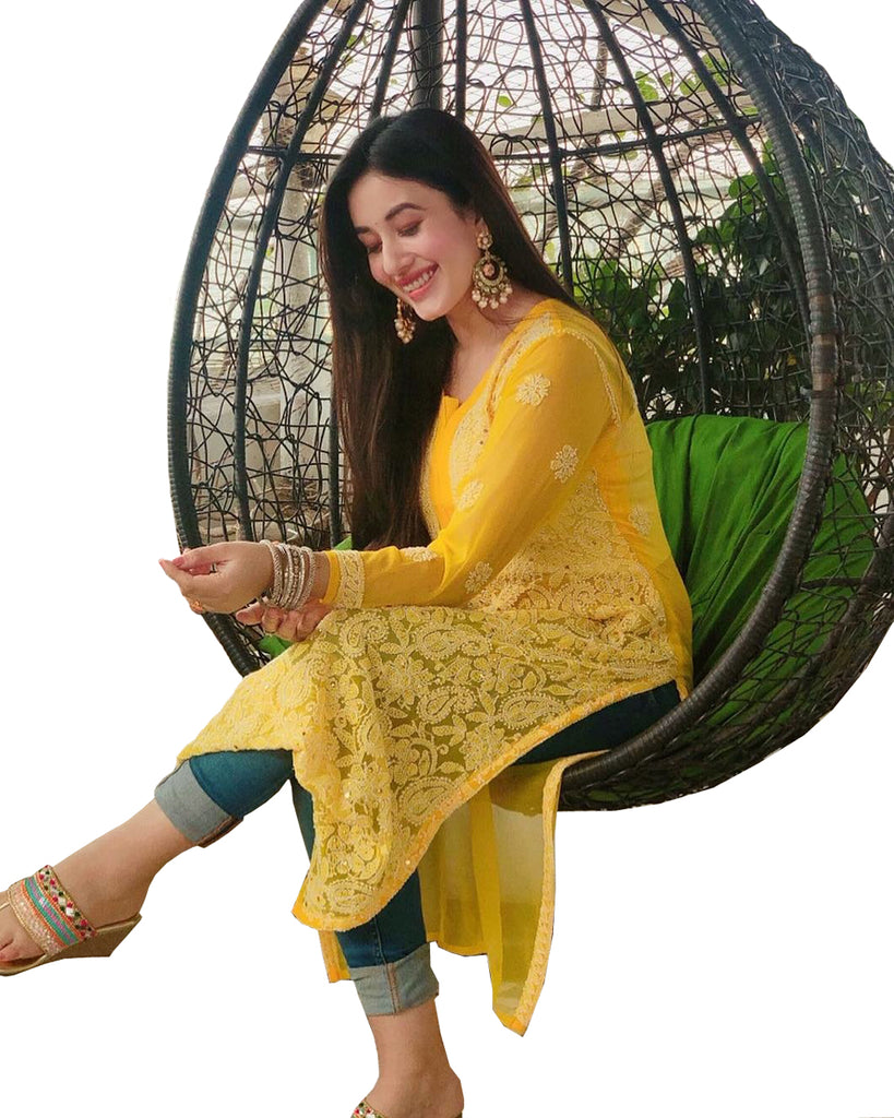 Yellow Color Chikankari Pure Georgette Kurti – Sulbha Fashions