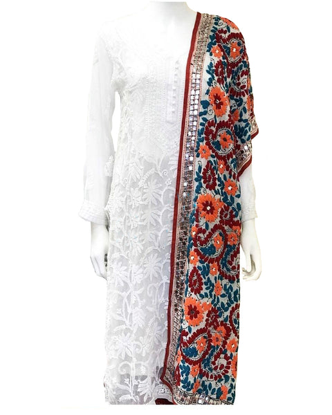 Beatuiful White Color Pure Georgette Suit With Heavy Multi Phulkari Dupatta