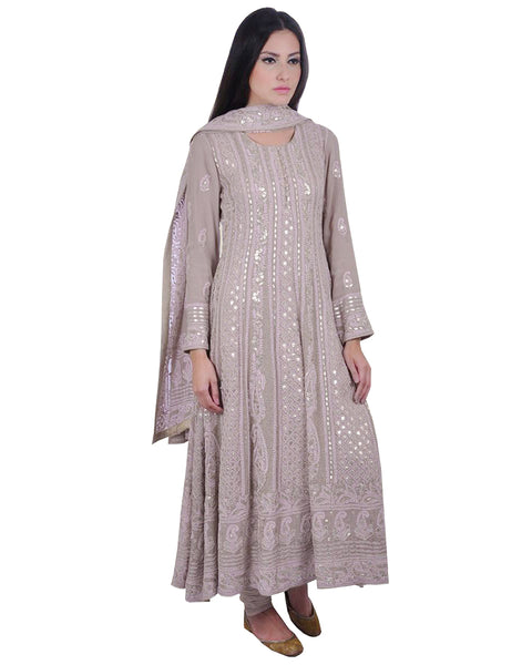 Grey Color Chikankari With Gotta Patti Pure Georgette Anarkali Suit