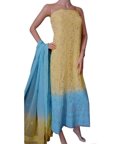 Yellow And Blue Color Chikankari With Mukaish Work And Pure Georgette Fabric Suit
