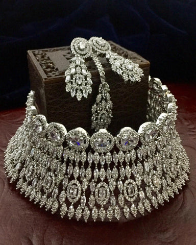 Silver Finished Crystal Stone Choker Set