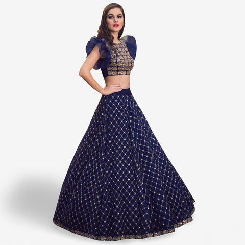 Fantastic Dark Blue Colored Partywear Embroidered Satin Lehenga Choli