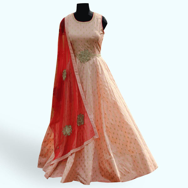 Demanding Peach Colored Partywear Embroidered Soft Tapeta Silk Gown