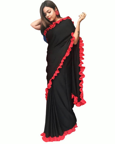 Black Color Heavy Quality Georgette With Ribbon Border Lace Saree