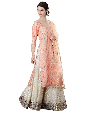 Peach & Off-White Color Mirror Work Palazzo Suit