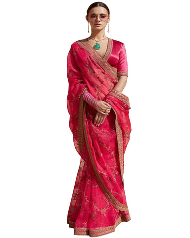 Desirable Pink Colored Designer Embroidered Work Party Wear Tissue Saree