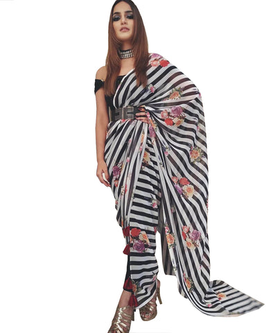 Black Color Georgette Striped Printed Saree