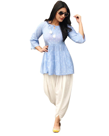 Sky Color Designer Frock With White Color Tulip salwer