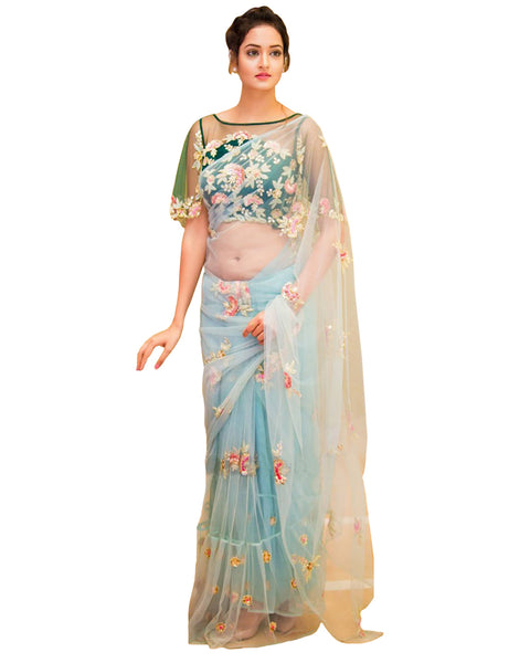 Desirable Sky Colored Designer Embroidered Work Party Wear Net Saree