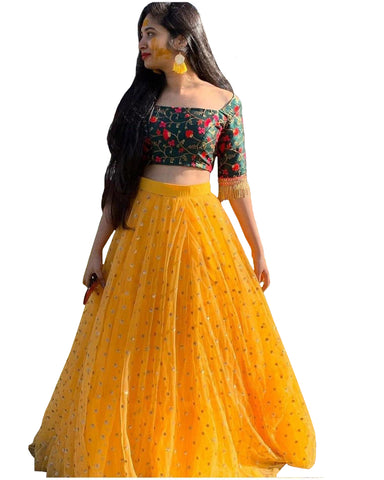 Yellow And Dark Green Color Wedding Lehenga